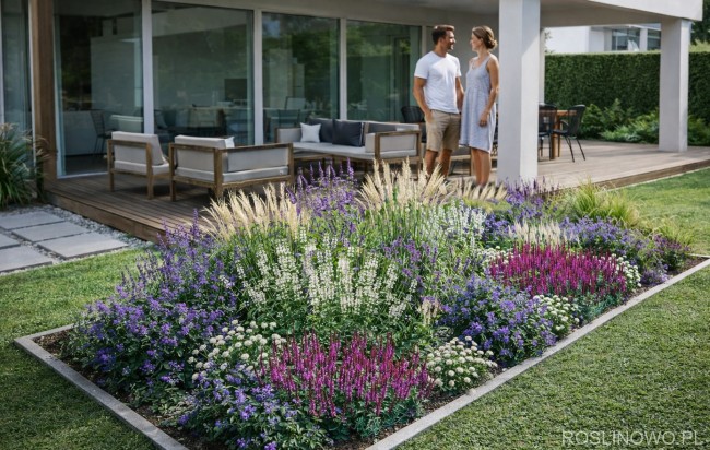 Gotowy projekt ogrodu - "Rabata długo kwitnąca". Zestaw (Projekt + 33 sadzonki)