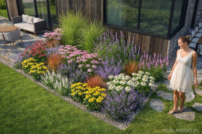 Gotowy projekt ogrodu - "Jeżówkowe Rodos MINI". Zestaw (Projekt + 58 sadzonek)