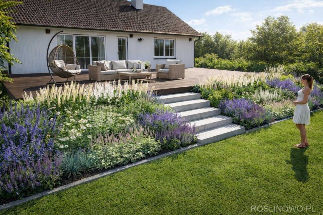 Gotowy projekt ogrodu "Rabata błękitno-biała". Zestaw 2 moduły roślin (Projekt + 110 sadzonek)